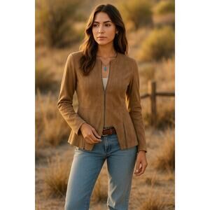 Vintage Y2K Tan Suede Peplum Zip Top Long Sleeve Equestrian Large Jacket